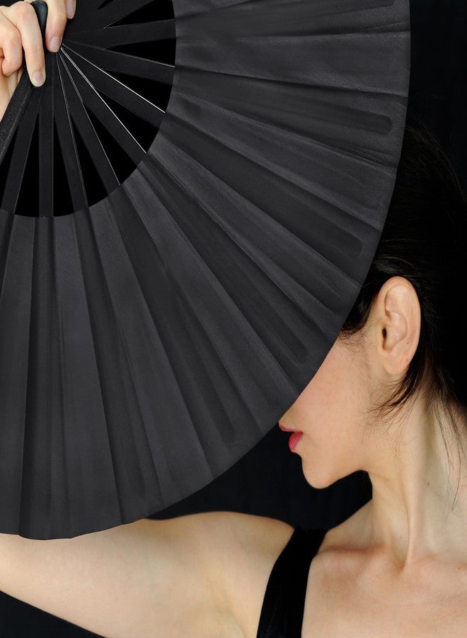 Quacc Large Folding Hand Held Fan Sturdy 13 Inches Nylon-Cloth Vintage Retro Fabric Big Rave Clack Fan for Line Dancing Chinese Kung Fu Festival Craft Dance Decoration Party Favors (Black) - Image 3